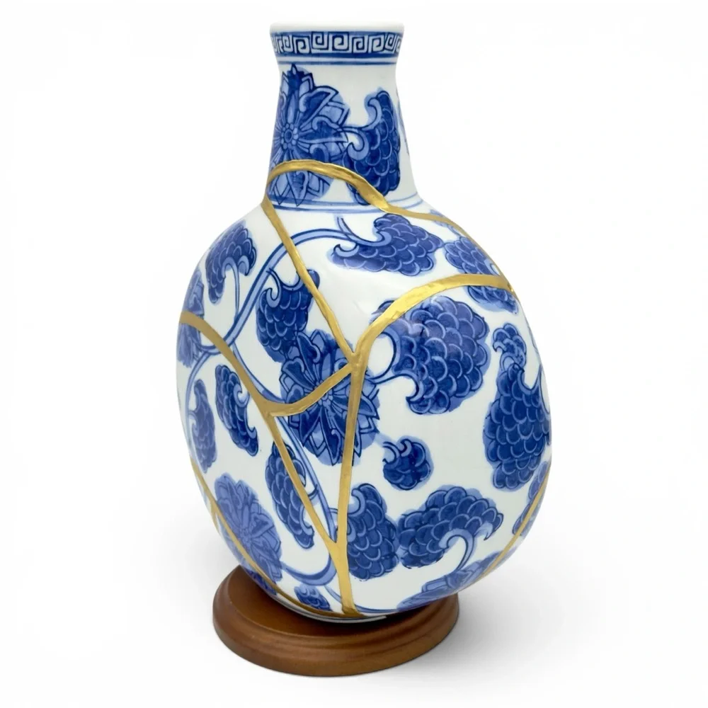 Kintsugi Vase Chinese Porcelain Moon Flask Gold Crack Art Personal Growth Gift - Picture 5 of 14
